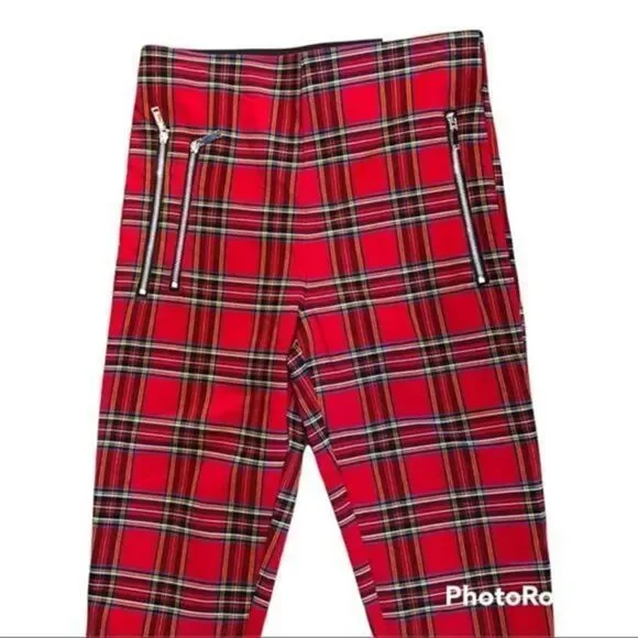 Zara red plaid zipper front pull on skinny pants xs - Picture 3 of 9